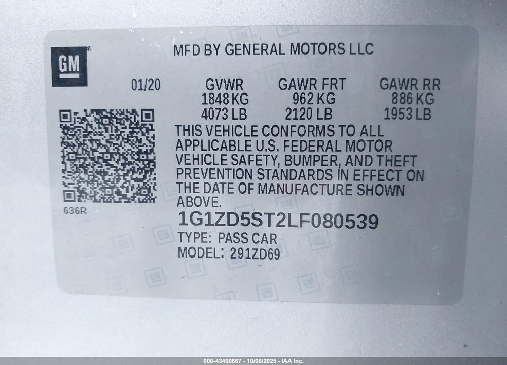 2020 CHEVROLET MALIBU FWD LT VIN: 1G1ZD5ST2LF080539
