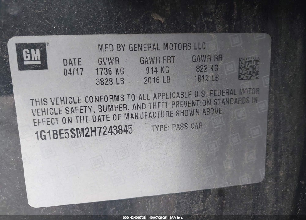 2017 CHEVROLET CRUZE LT AUTO VIN: 1G1BE5SM2H7243845