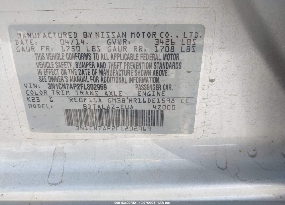 2015 NISSAN VERSA VIN: 3N1CN7AP2FL802969