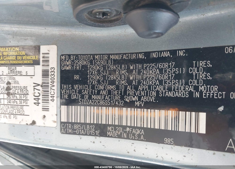 2006 TOYOTA SIENNA XLE VIN: 5TDZA22C86S517432