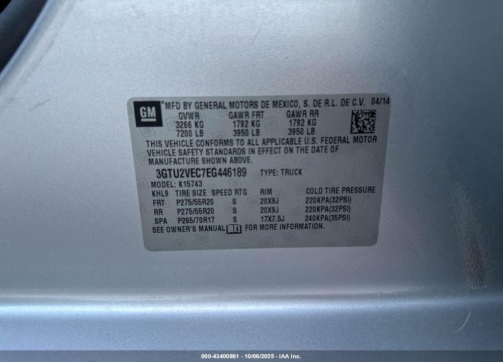 2014 GMC SIERRA VIN: 3GTU2VEC7EG446189