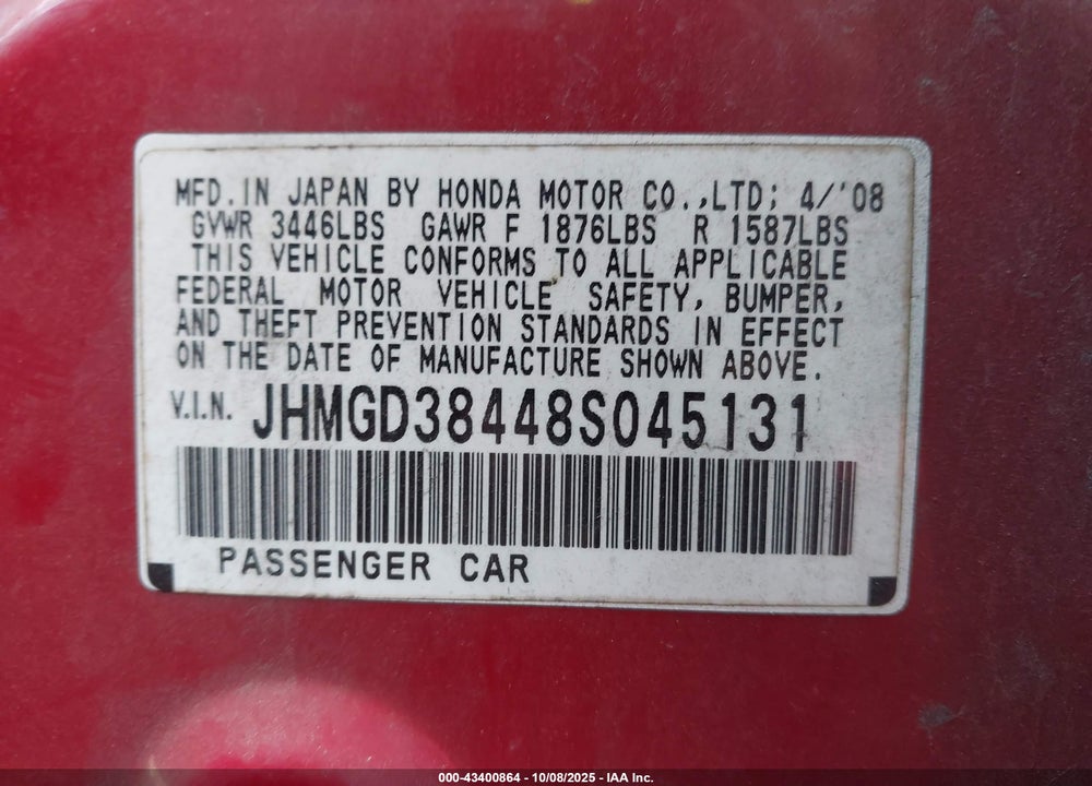 2008 HONDA FIT VIN: JHMGD38448S045131