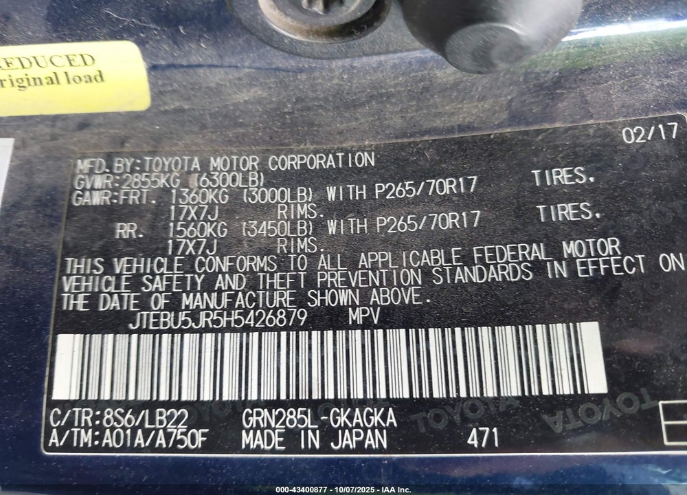 2017 TOYOTA 4RUNNER SR5 PREMIUM VIN: JTEBU5JR5H5426879