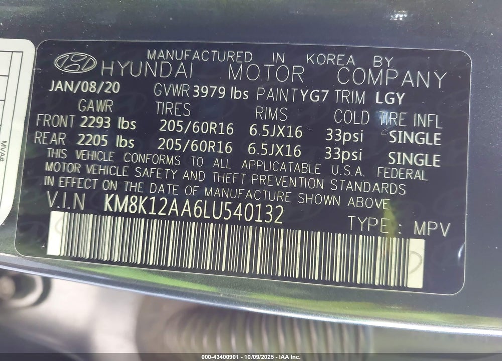 2020 HYUNDAI KONA SE VIN: KM8K12AA6LU540132