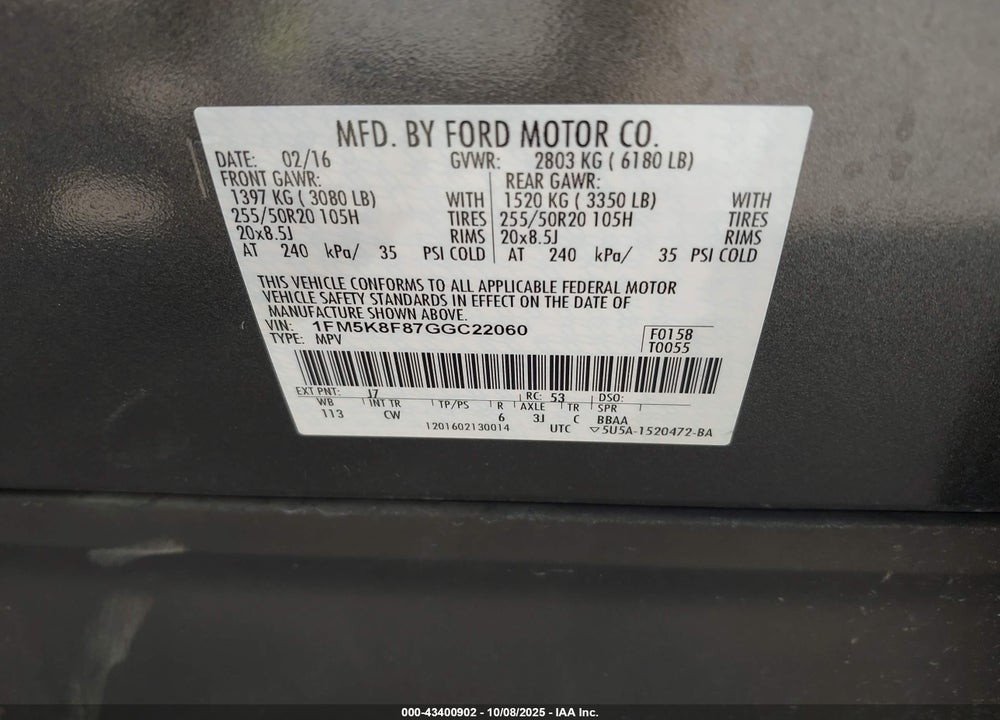 2016 FORD EXPLORER LIMITED VIN: 1FM5K8F87GGC22060