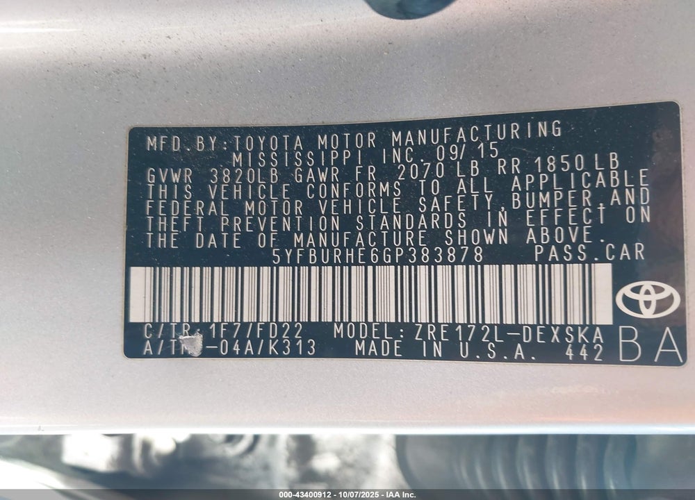 2016 TOYOTA COROLLA VIN: 5YFBURHE6GP383878