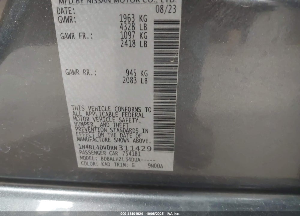 2024 NISSAN ALTIMA SV FWD VIN: 1N4BL4DV0RN311429