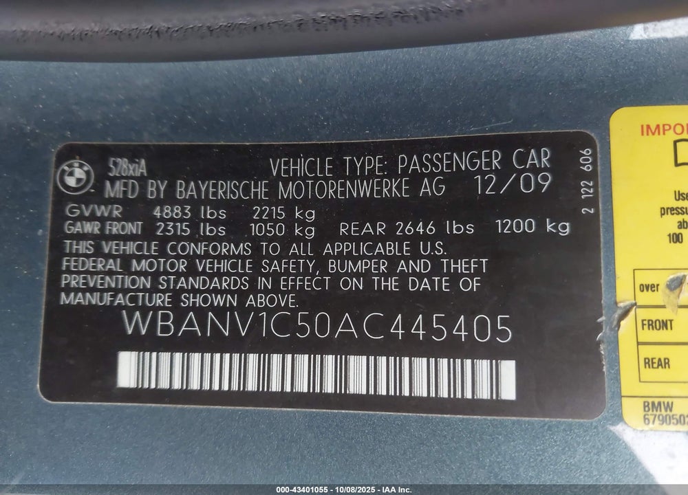 2010 BMW 5 SERIES VIN: WBANV1C50AC445405