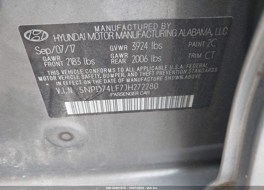 2018 HYUNDAI ELANTRA VIN: 5NPD74LF7JH272280