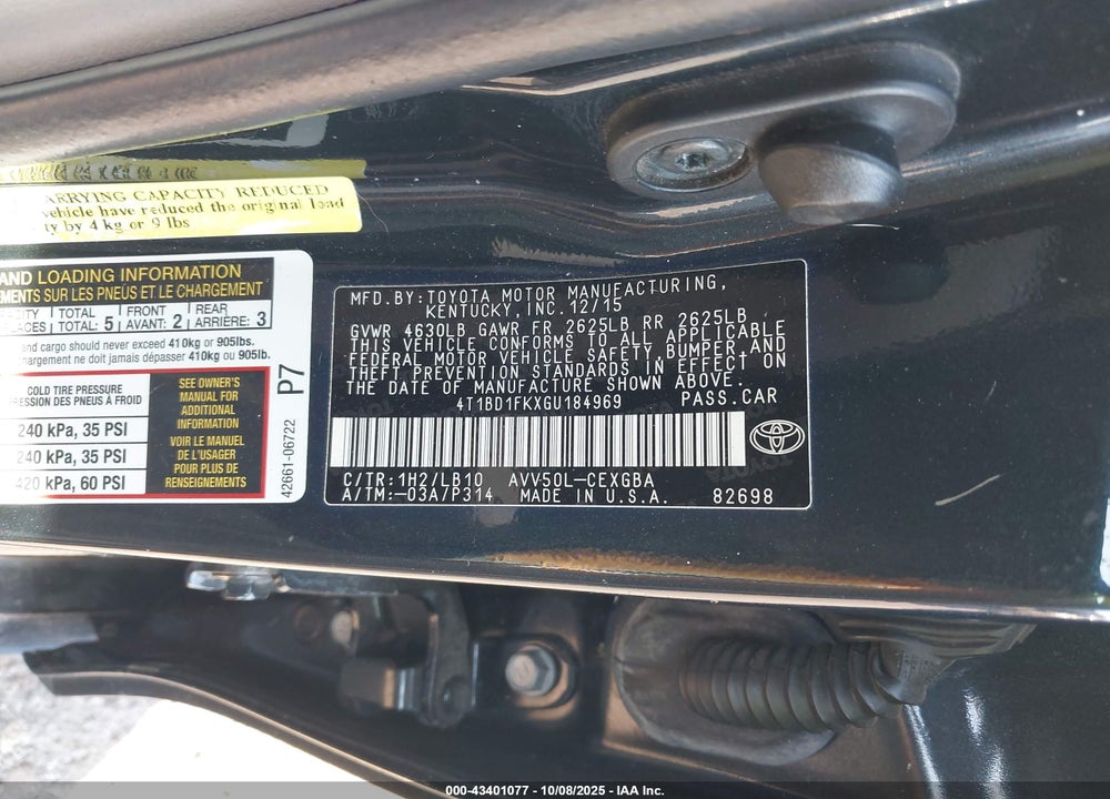 2016 TOYOTA CAMRY HYBRID XLE VIN: 4T1BD1FKXGU184969