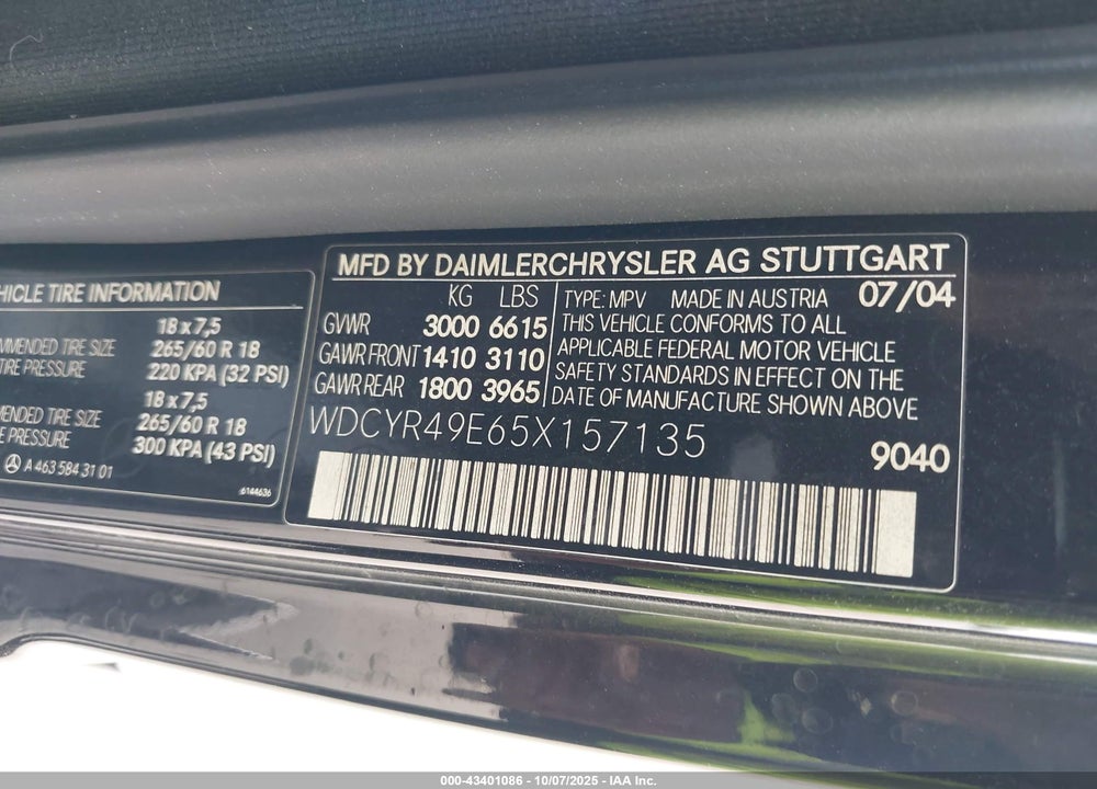 2005 MERCEDES-BENZ G 500 4MATIC VIN: WDCYR49E65X157135
