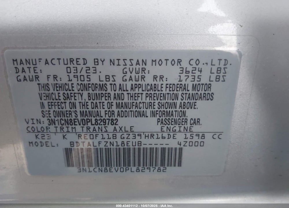 2023 NISSAN VERSA VIN: 3N1CN8EV0PL829782