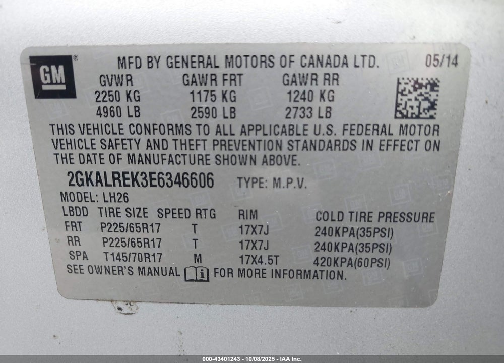 2014 GMC TERRAIN VIN: 2GKALREK3E6346606
