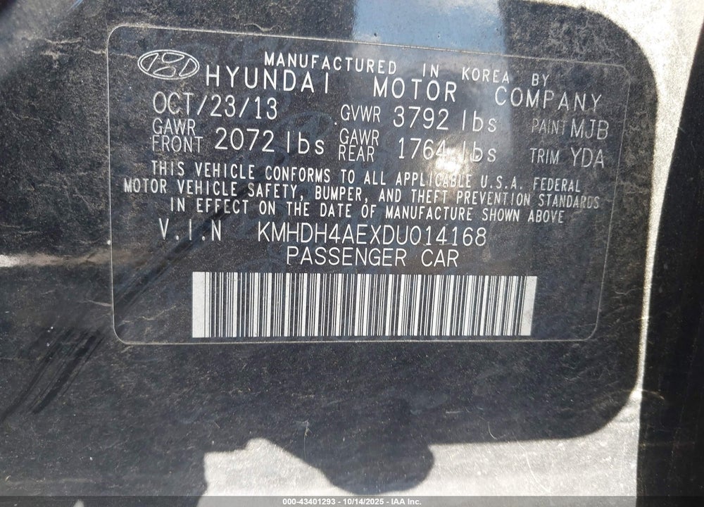 2013 HYUNDAI ELANTRA GLS VIN: KMHDH4AEXDU014168