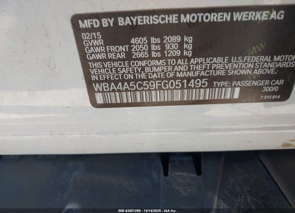 2015 BMW 4 SERIES VIN: WBA4A5C59FG051495