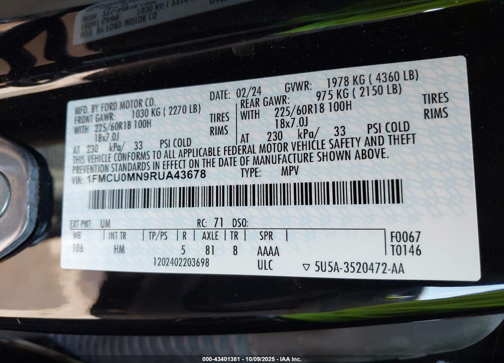 2024 FORD ESCAPE ST LINE VIN: 1FMCU0MN9RUA43678