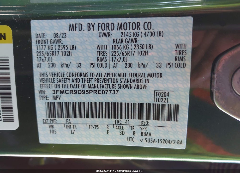 2023 FORD BRONCO SPORT BADLANDS VIN: 3FMCR9D95PRE07737