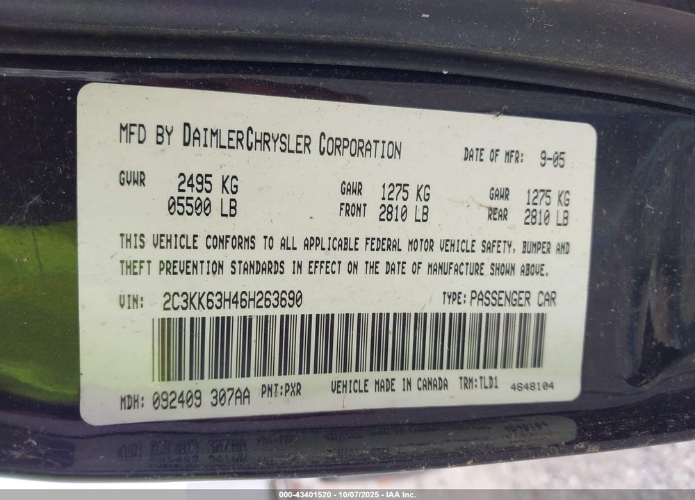2006 CHRYSLER 300C VIN: 2C3KK63H46H263690