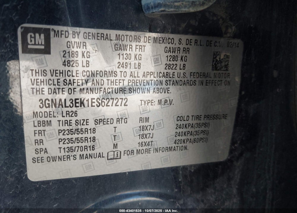 2014 CHEVROLET CAPTIVA SPORT LT VIN: 3GNAL3EK1ES627272