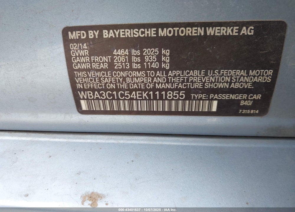 2014 BMW 3 SERIES VIN: WBA3C1C54EK111855