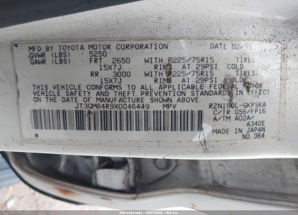1999 TOYOTA 4RUNNER VIN: JT3GM84R9X0046449