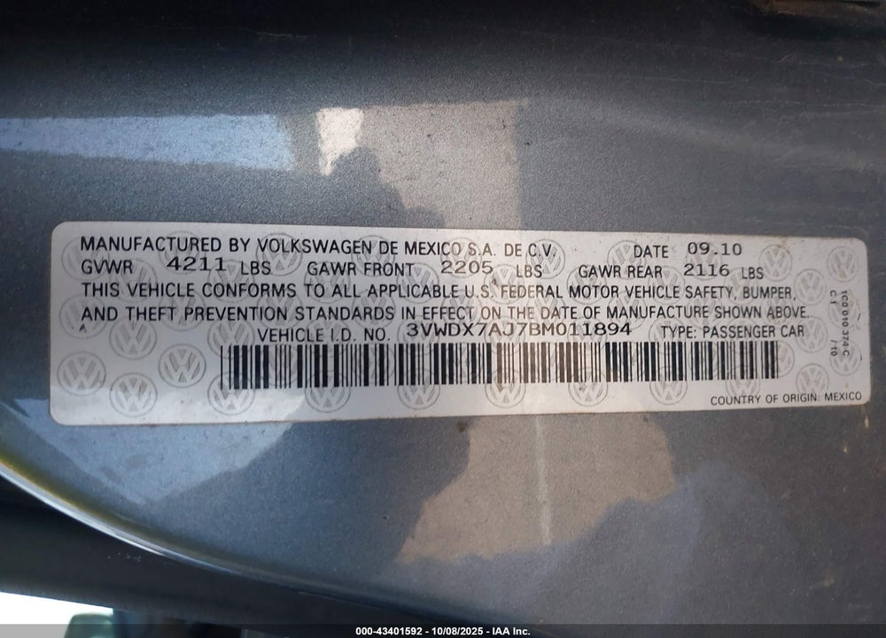 2011 VOLKSWAGEN JETTA 2.5L SE VIN: 3VWDX7AJ7BM011894