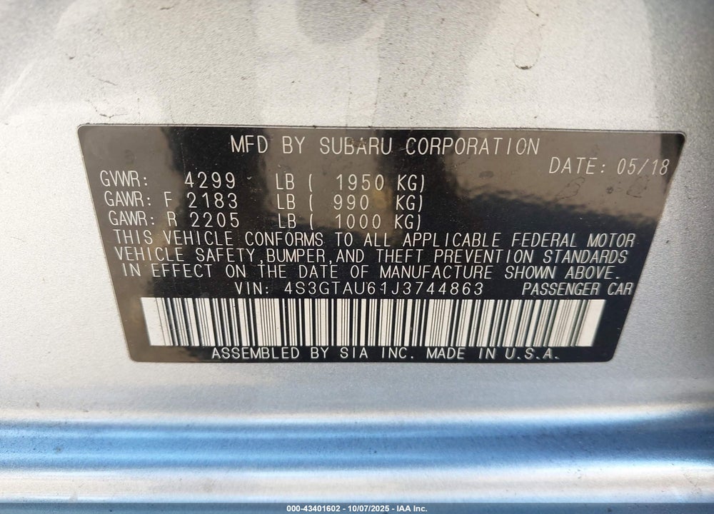 2018 SUBARU IMPREZA 2.0I LIMITED VIN: 4S3GTAU61J3744863