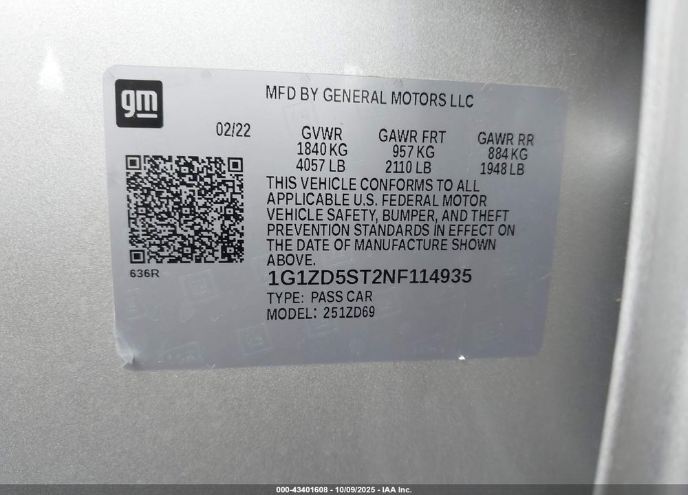 2022 CHEVROLET MALIBU VIN: 1G1ZD5ST2NF114935