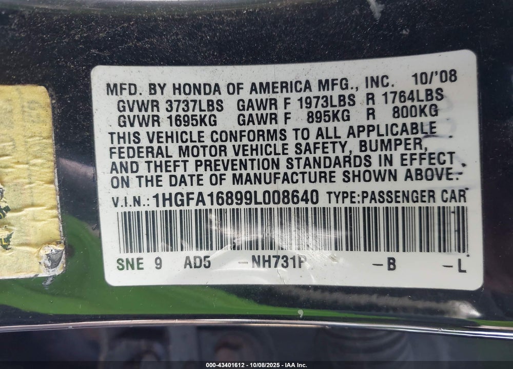 2009 HONDA CIVIC VIN: 1HGFA16899L008640
