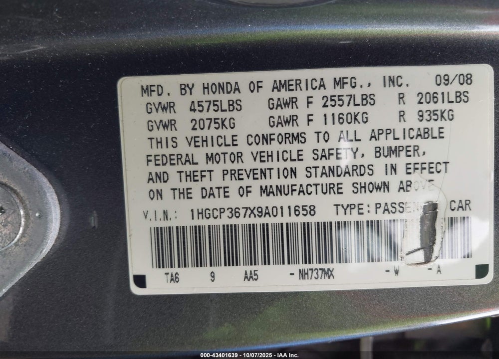 2009 HONDA ACCORD 3.5 EX VIN: 1HGCP367X9A011658