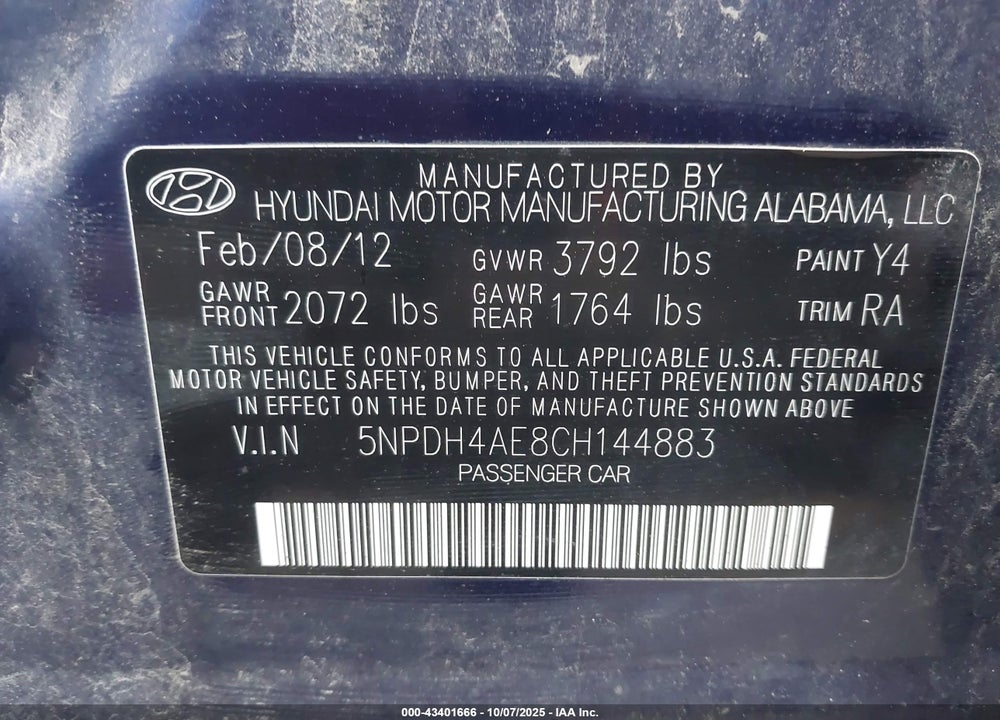 2012 HYUNDAI ELANTRA VIN: 5NPDH4AE8CH144883