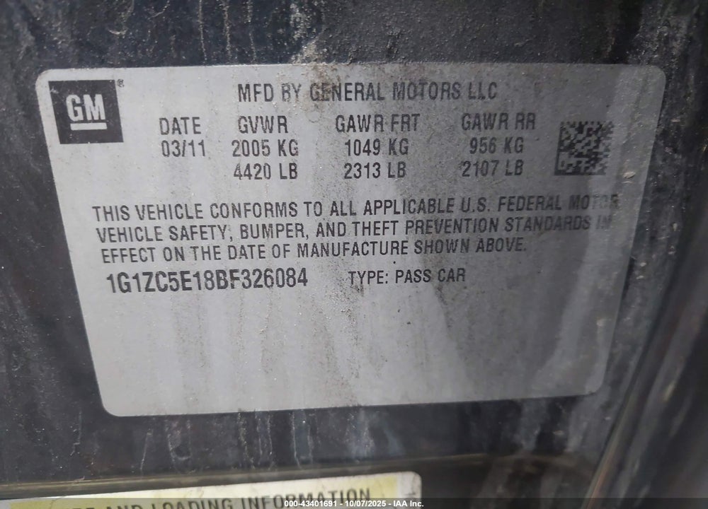 2011 CHEVROLET MALIBU VIN: 1G1ZC5E18BF326084