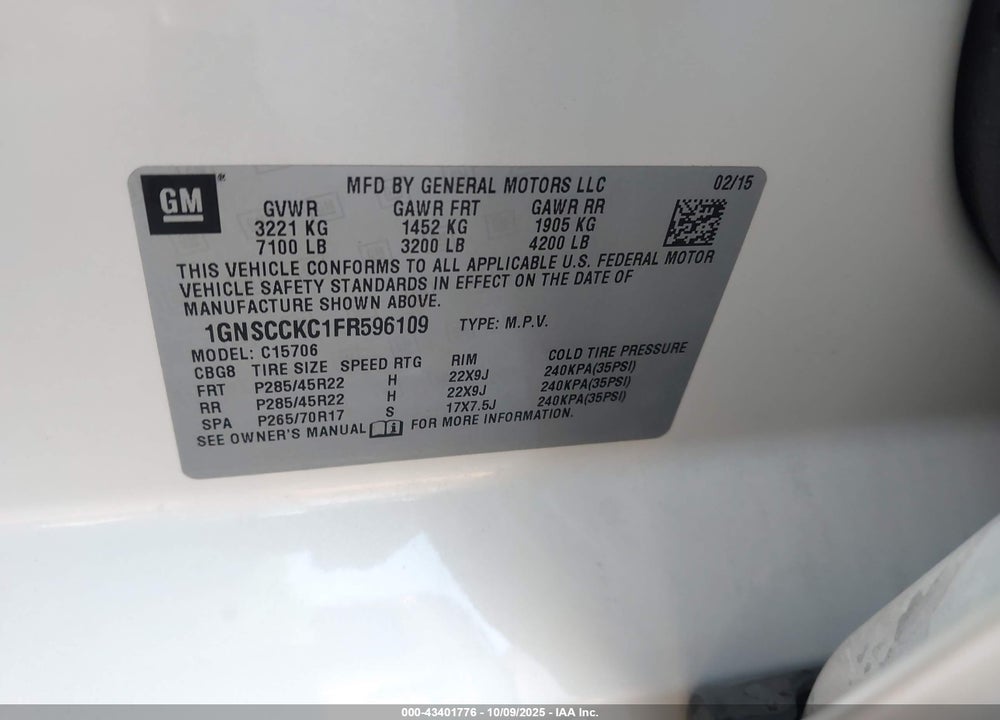 2015 CHEVROLET TAHOE VIN: 1GNSCCKC1FR596109