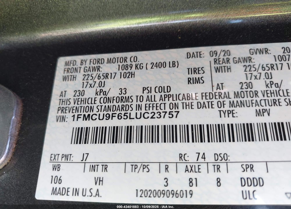2020 FORD ESCAPE VIN: 1FMCU9F65LUC23757