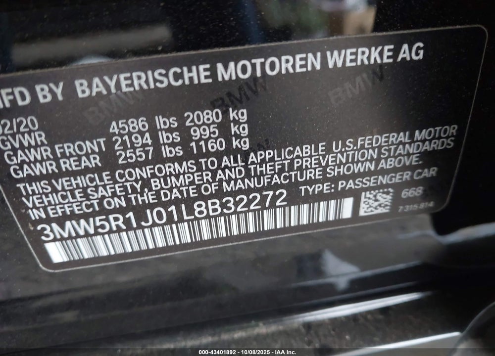 2020 BMW 330I VIN: 3MW5R1J01L8B32272