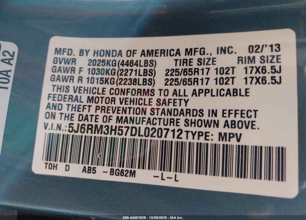 2013 HONDA CR-V EX VIN: 5J6RM3H57DL020712
