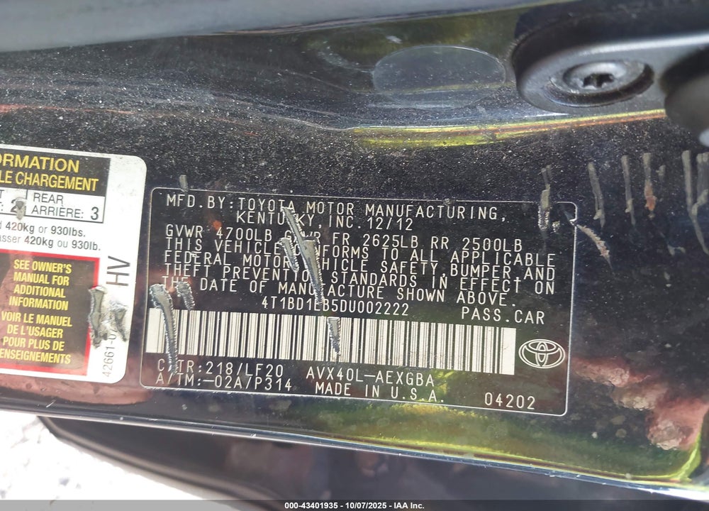 2013 TOYOTA AVALON HYBRID VIN: 4T1BD1EB5DU002222