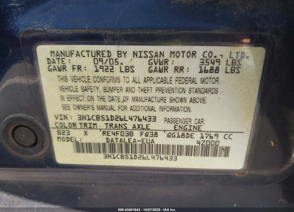 2006 NISSAN SENTRA 1.8S VIN: 3N1CB51D26L476433