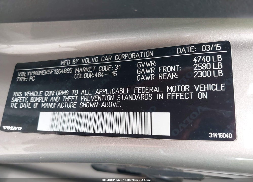2015 VOLVO V60 T5 PREMIER VIN: YV140MEK5F1264895