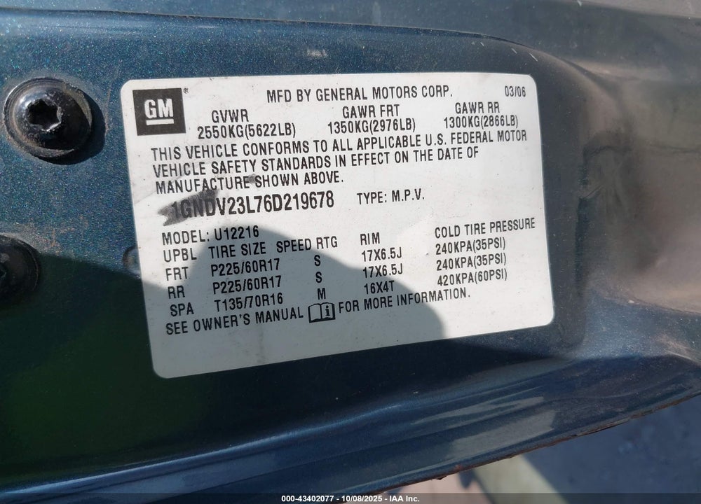 2006 CHEVROLET UPLANDER LS VIN: 1GNDV23L76D219678