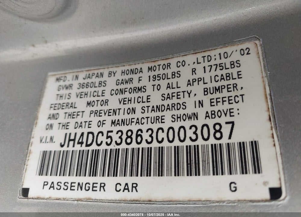 2003 ACURA RSX VIN: JH4DC53863C003087