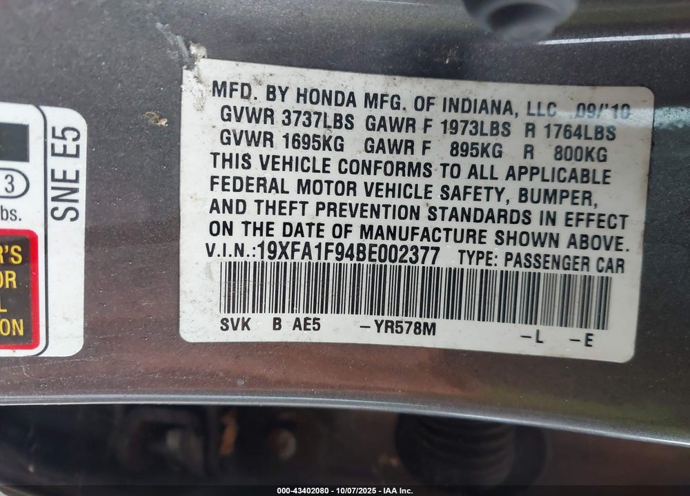 2011 HONDA CIVIC VIN: 19XFA1F94BE002377