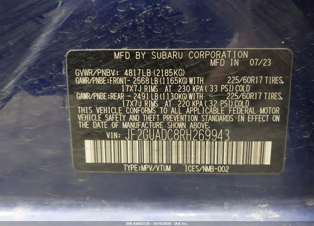 2024 SUBARU CROSSTREK PREMIUM VIN: JF2GUADC8RH269943