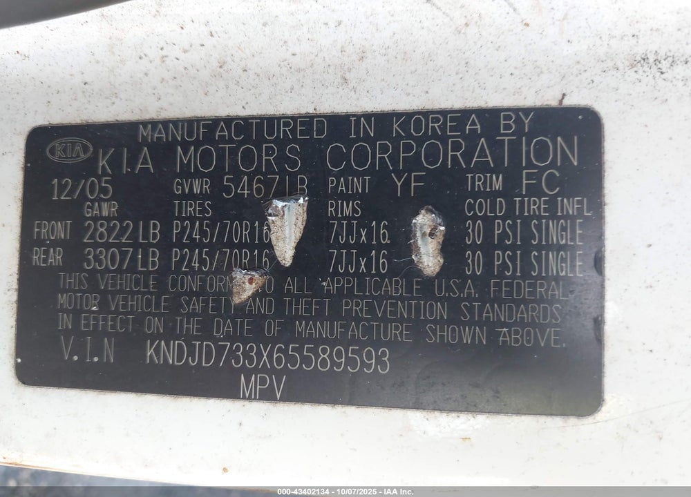 2006 KIA SORENTO EX/LX VIN: KNDJD733X65589593