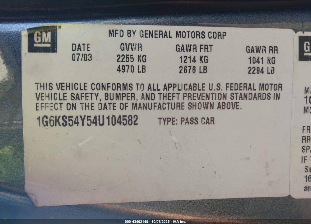 2004 CADILLAC SEVILLE SLS VIN: 1G6KS54Y54U104582