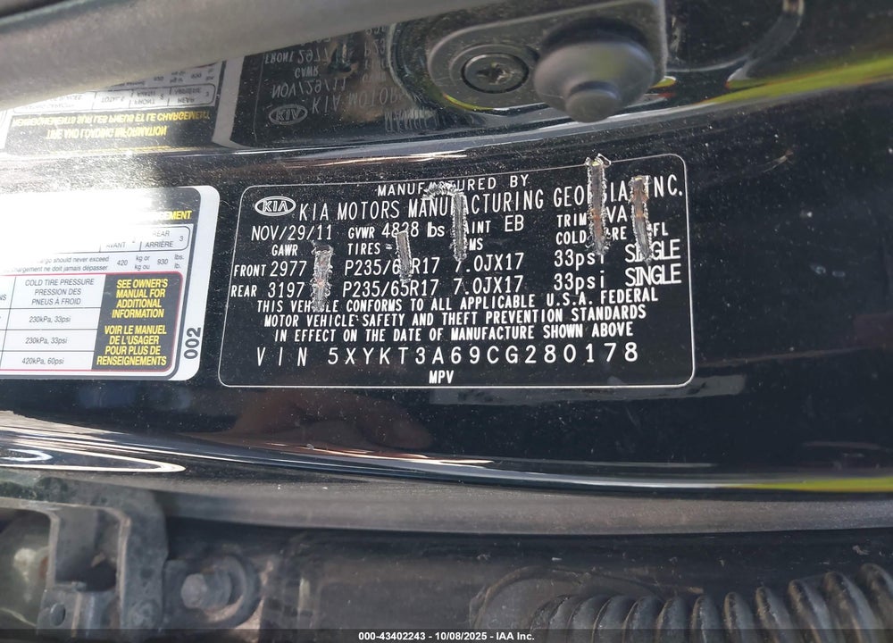 2012 KIA SORENTO VIN: 5XYKT3A69CG280178