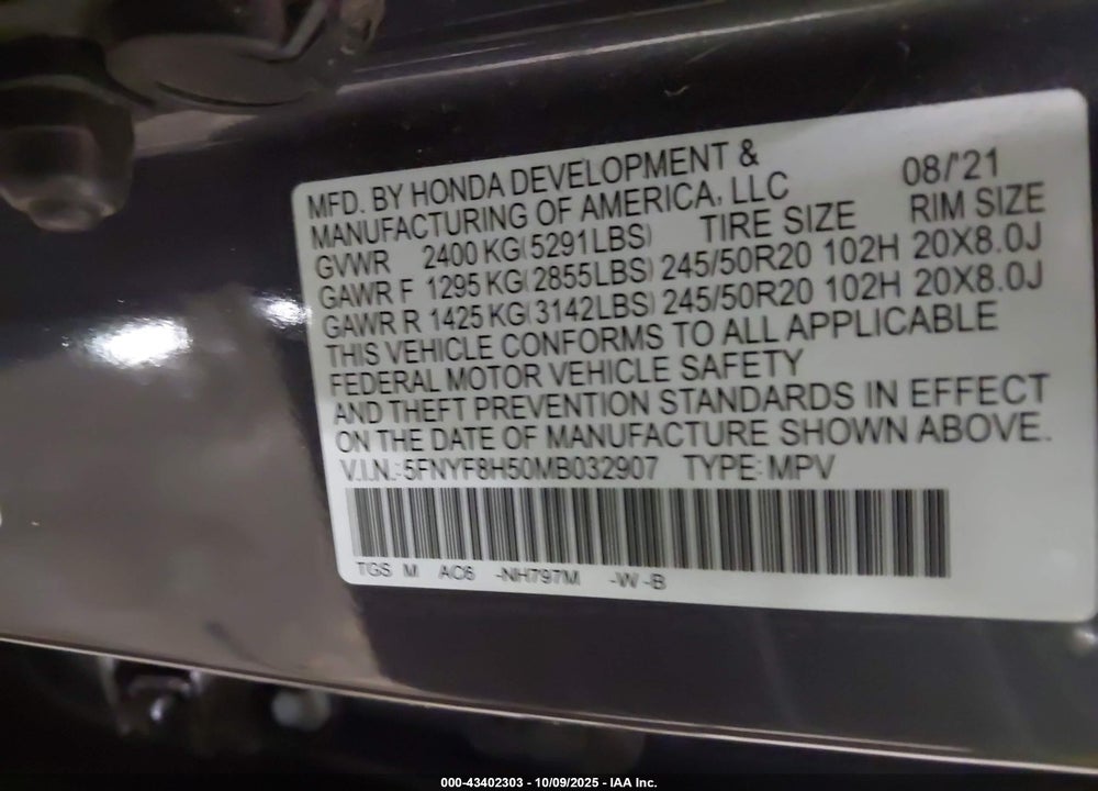 2021 HONDA PASSPORT AWD EX-L VIN: 5FNYF8H50MB032907