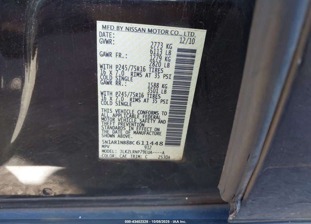 2011 NISSAN PATHFINDER S VIN: 5N1AR1NB8BC611448