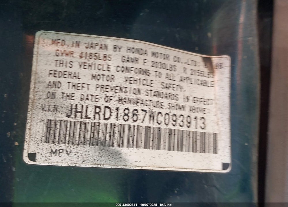 1998 HONDA CR-V EX VIN: JHLRD1867WC093913