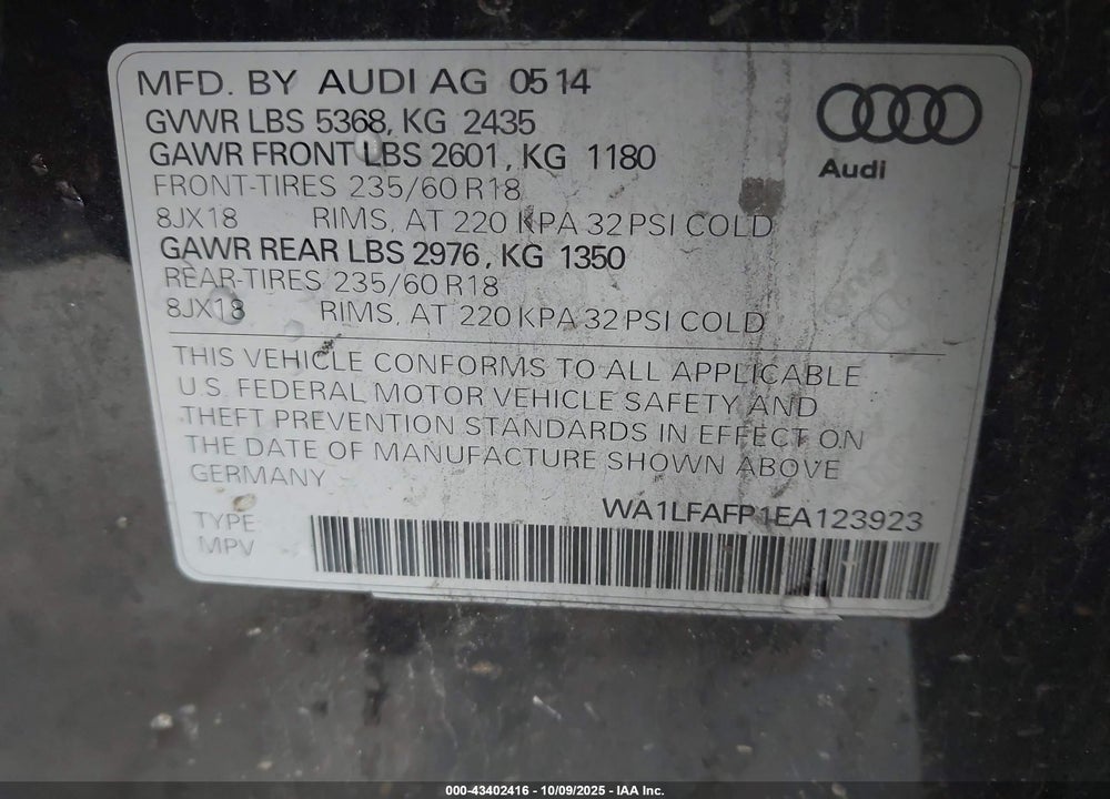 2014 AUDI Q5 2.0T PREMIUM VIN: WA1LFAFP1EA123923
